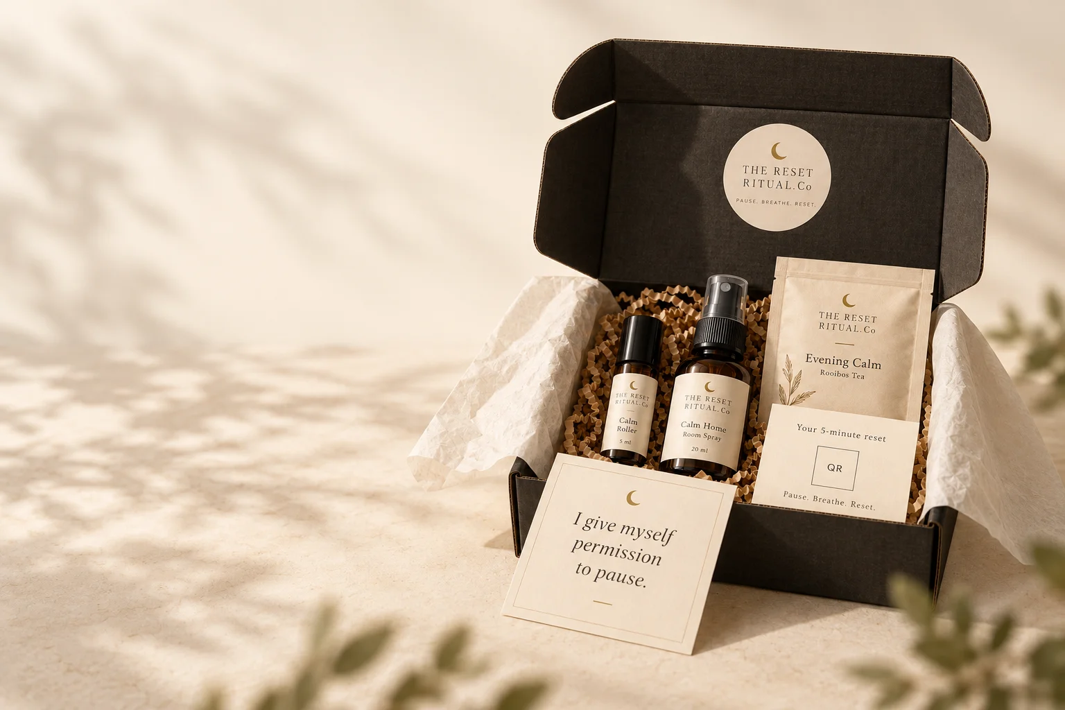First box concept: an open black Mini Reset Ritual box with a roller, spray, tea and two ritual cards.