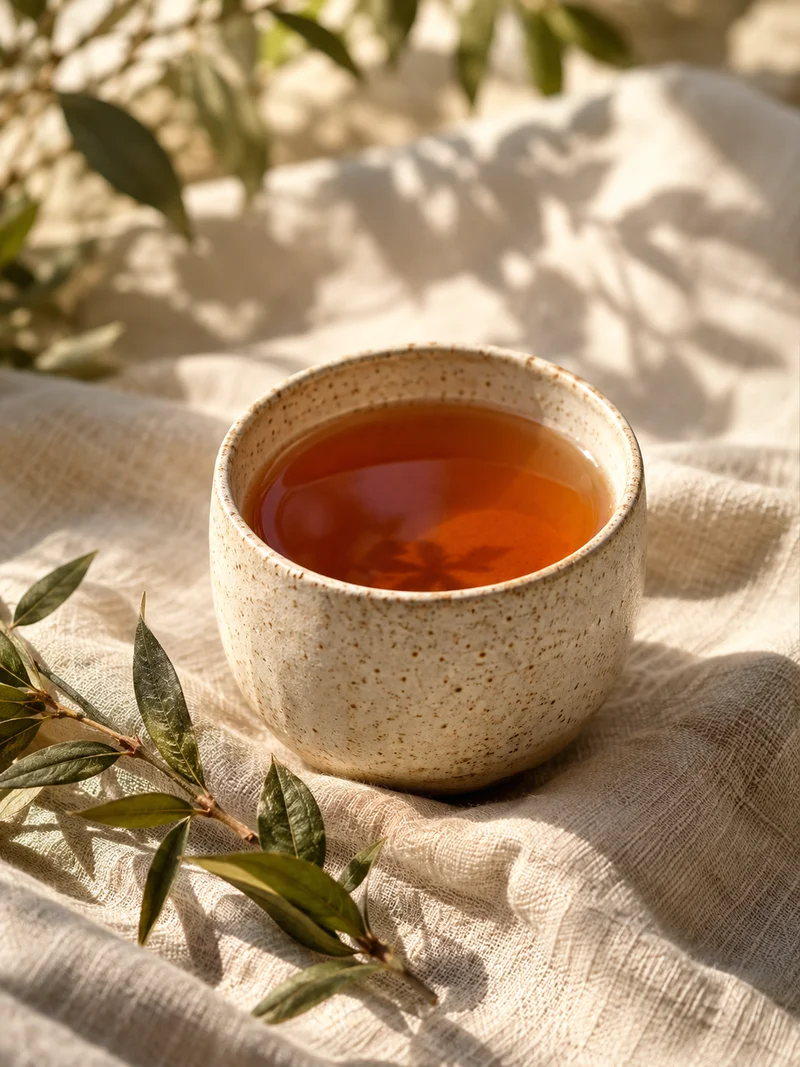 A ceramic cup of amber tea resting on soft linen in the morning light.