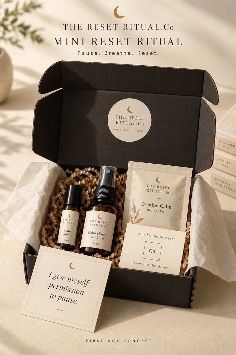 Previously created Mini Reset Ritual box concept with its five planned elements.