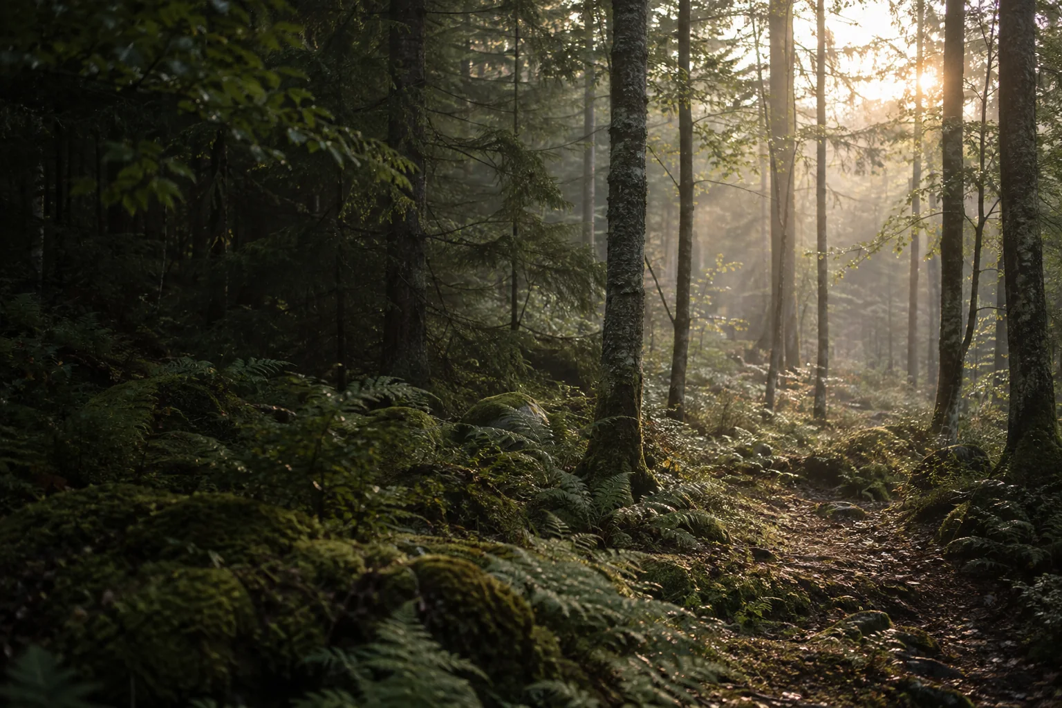 Morning sunlight finding its way through a quiet, moss-covered woodland.
