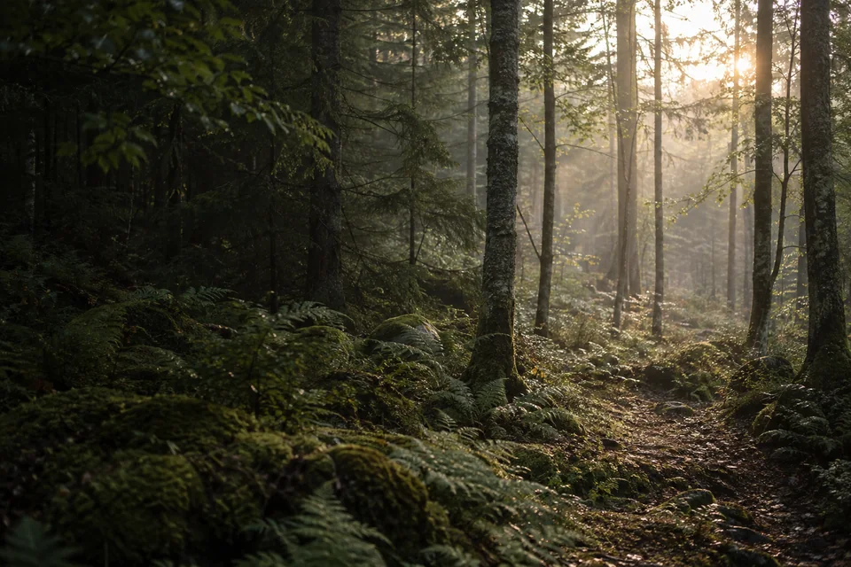 Morning light and ferns in a woodland, reflecting the quiet feeling behind The Reset Ritual.